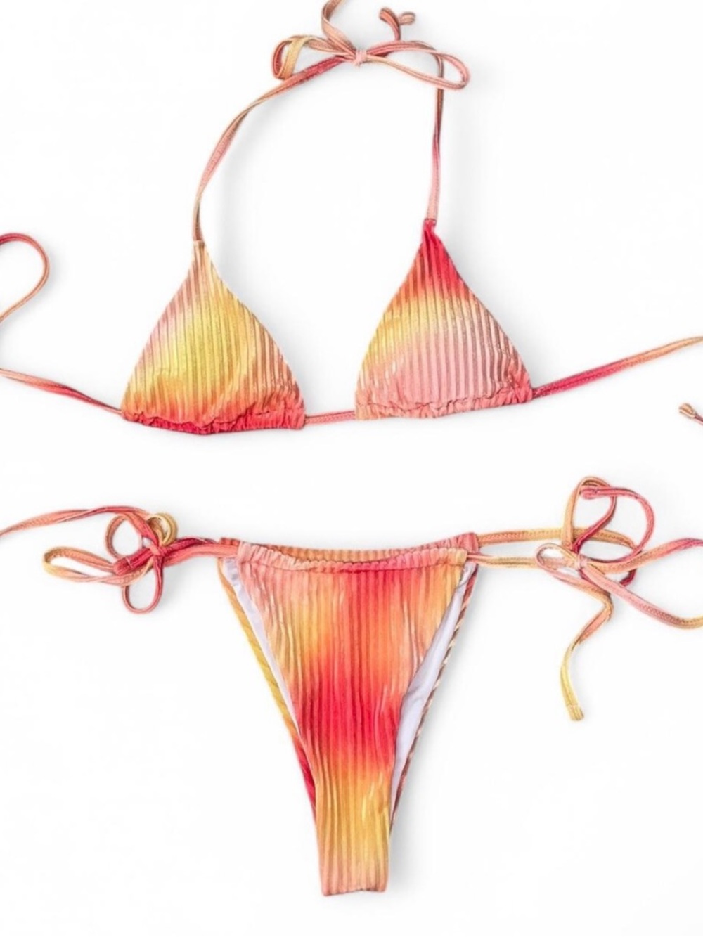 Tie String Ribbed Triangle Bikini in Coral Pink & Yellow Ombre felt